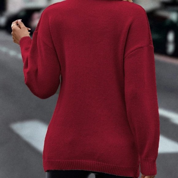 Red Casual Womens Wrap Cross Drop Shoulder Cable Knit Sweater - Picture 2 of 5